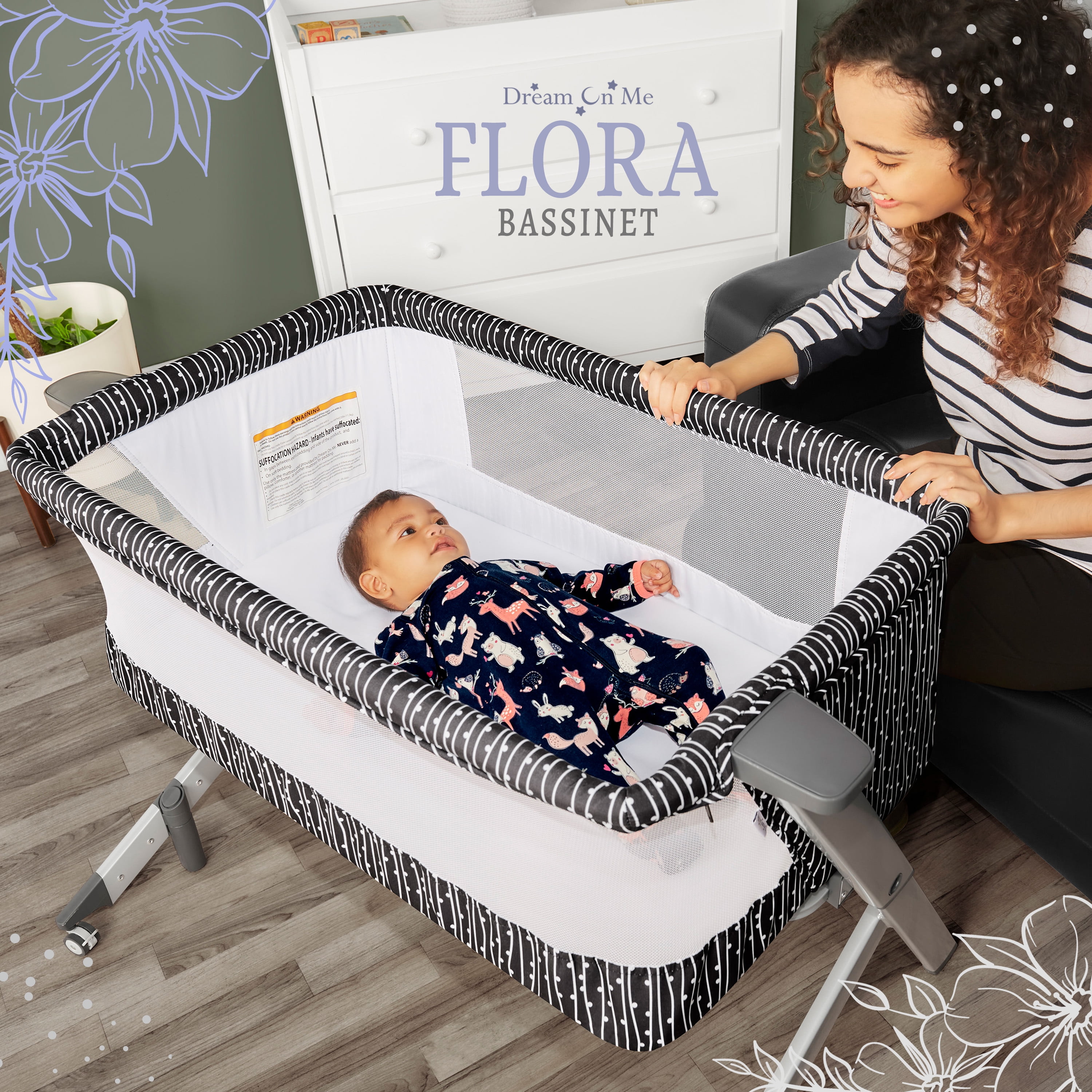 Dream On Me Flora Bassinet with Carry Bag , Compact & Modern, Black & White