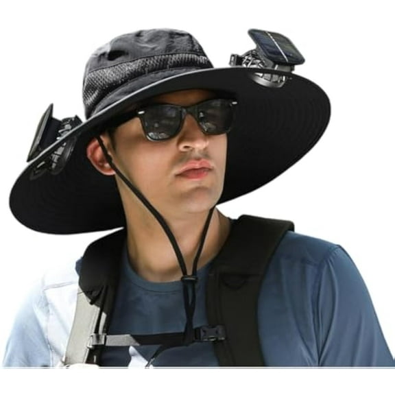 Hat with Fans Solar Power, Outdoor Wide Brim Sun Hat with 2 Solar Fan, UPF 50  Hat with USB Charging Fan