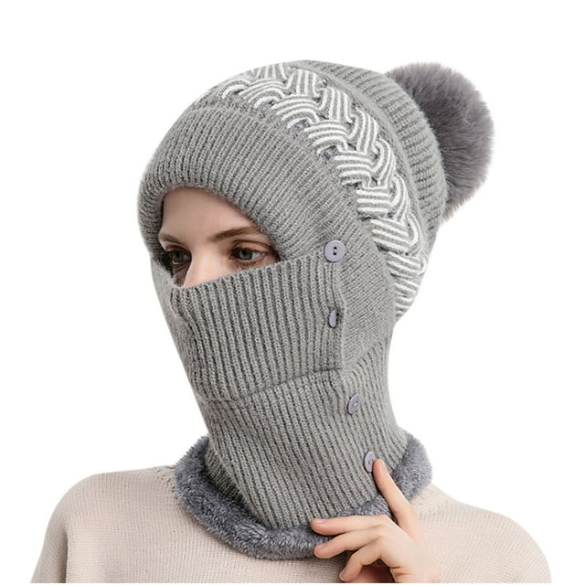 Womans Winter Warm Neck Guard Head Guard Knitted Hat Scarf Mask In One Hairball Woolen Cap