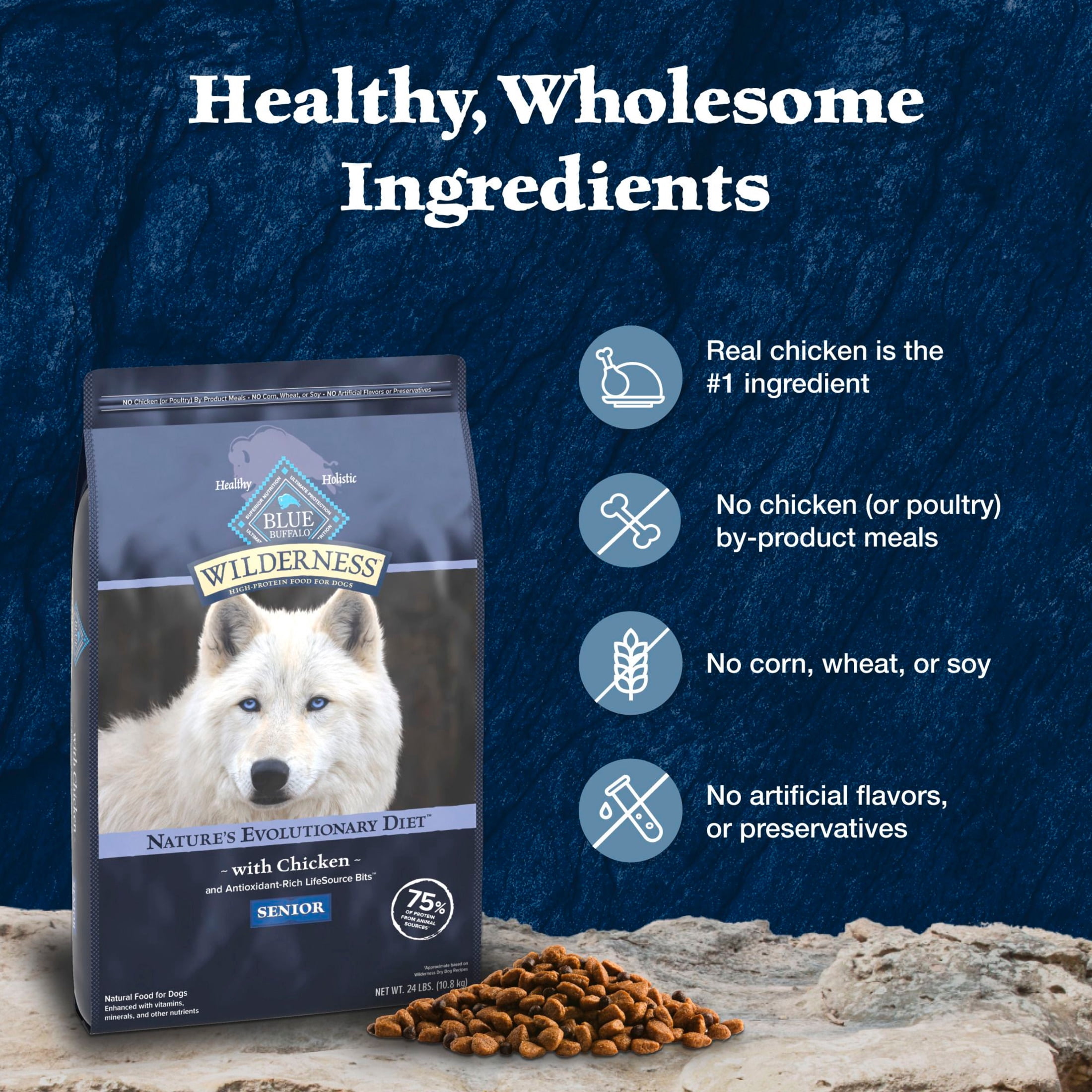 Blue Buffalo Wilderness Senior High Protein Dry Dog Food Plus Wholesome Grains, Chicken, 24 lbs.