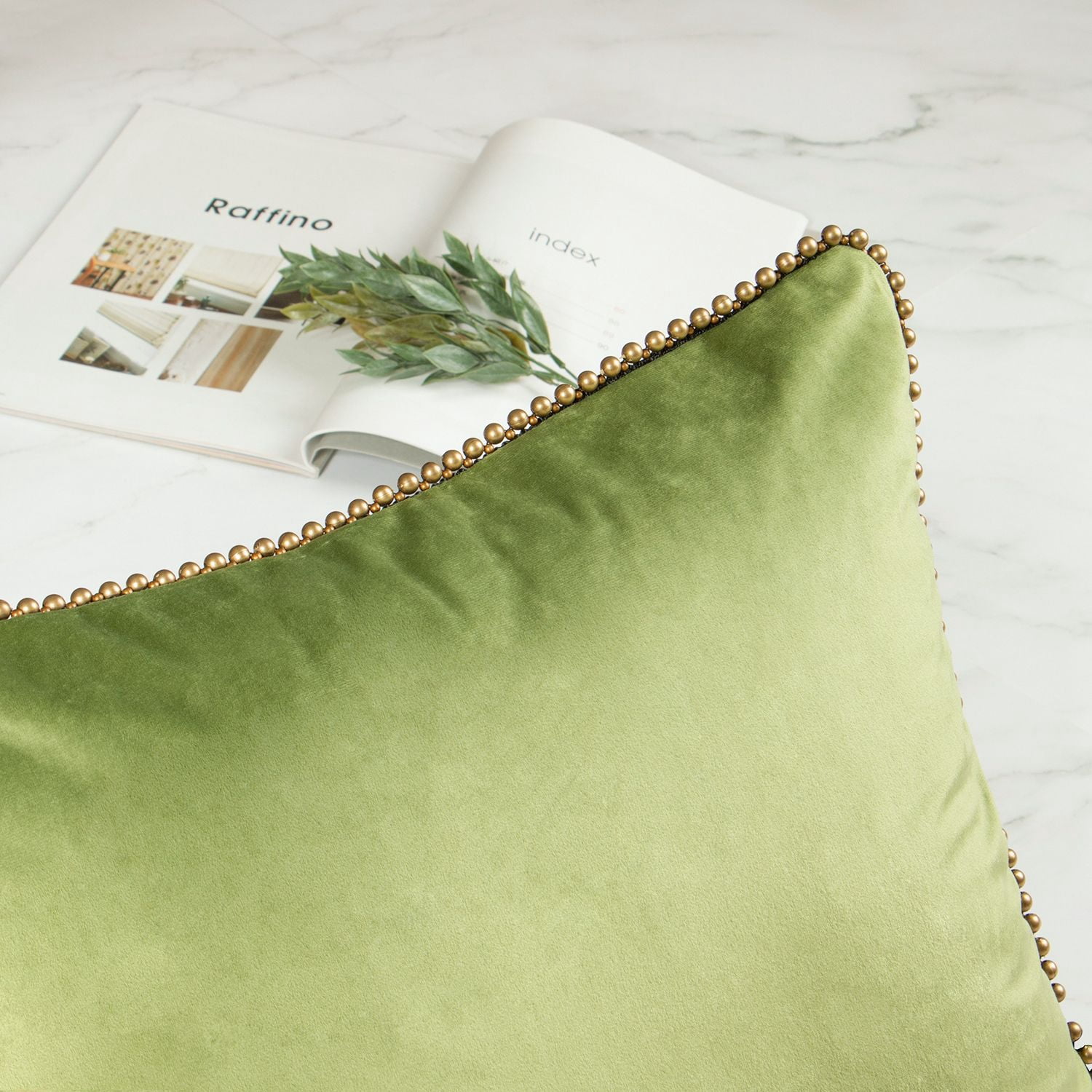 Phantoscope Velvet Decorative Throw Pillows with Inserts, Particle Trim, 18 x 18 in, Light Green, 2 Pack