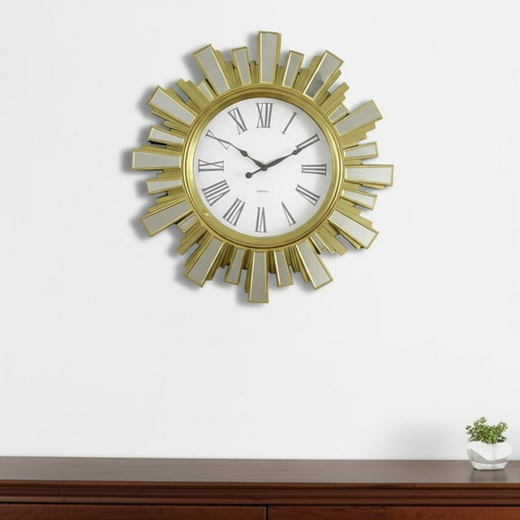 19" Gold And Clear Mirrored Glass And Heavy Duty Plastic Silent Analog Sunburst Wall Clock