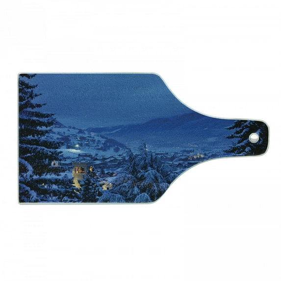 European Cutting Board, Photo of Winter Pine Trees Forest in European Woodland by the Mountains Nature Print, Tempered Glass Cutting and Serving Board, Wine Bottle Shape, Blue, by Ambesonne