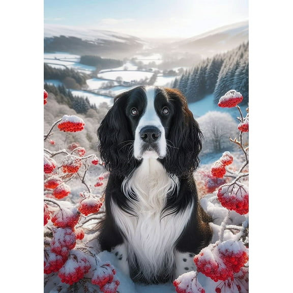 Springer Spaniel Black White - Best of Breed DCR Winter Berries Garden Flag 12" x 17"