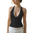 thumbnail image 2 of Halter Tops for Women Lace V Neck Tie Back Bow Front Slim Fitted Sleeveless Cropped Y2k Going out Tank Top, 2 of 7