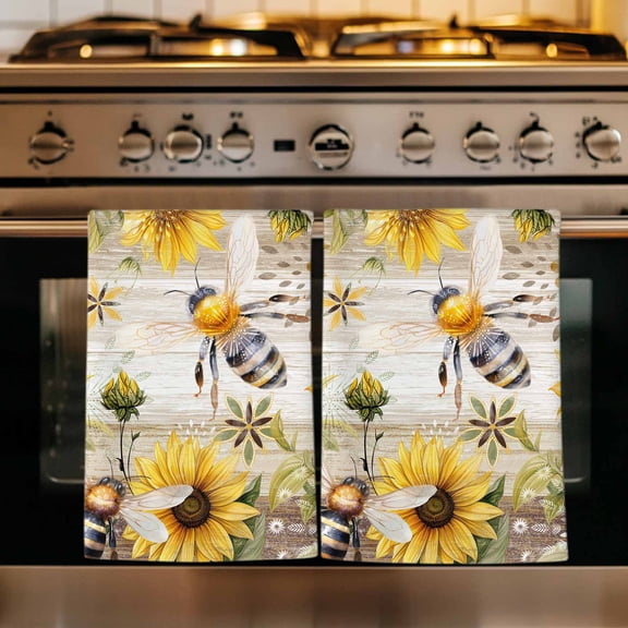 Sunflower Kitchen Towels Set of 1, Vintage Summer Bee Botanical Farmhouse Absorbent Dish Towels for Kitchen, Microfiber Hand Towel, Quick Drying Tea Towel for Cleaning Decorative Dishcloths