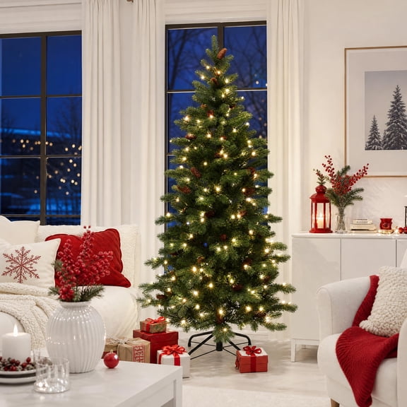 Langford 6FT Pre-Lit Artificial Spruce Christmas Tree with 210 Warm White LED Lights, 694 PE & PVC Branch Tips, 51 Natural Pinecones, Hinged Branches & Metal Stand