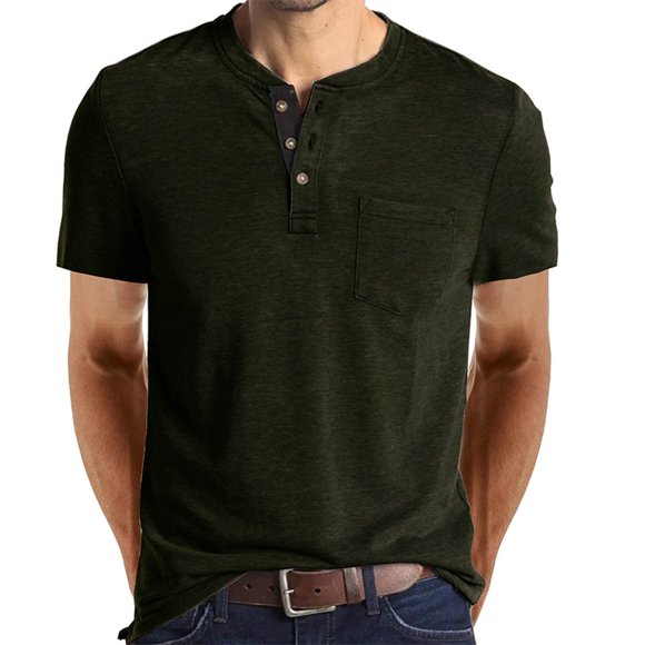 lcziwo Henley Shirts for Men Summer Short Sleeve V Neck Loose T-Shirts Casual Solid Button Down Plain Tees Men's Shirts 2024 Army Green L