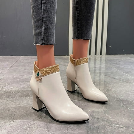

ERTUTUYI Ladies Fashion Leather British Style Rhinestone Side Zipper High Heel Short Boots Beige 40