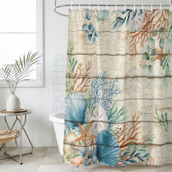 Beige Beach Coastal Small Stall Shower Curtain, Waterproof Shower Curtains for Bathroom, Summer Nautical Coral Shell Botanical Vintage Washable Fabric Bath Curtain for Bathtub with Hooks 36x72 Inches