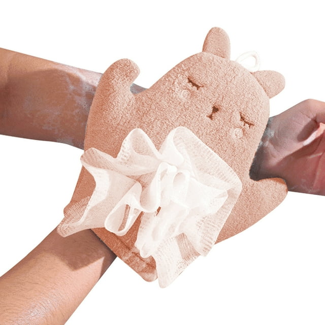 Esponja de baño 2 en 1 y toalla exfoliante • Exfoliante y masaje de doble cara • Paño esmerilado amigable con la piel • 20cm x 20cm con cordón colgante