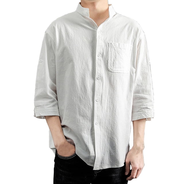 Camisas De Vestir Para Hombre Manga Larga Casual Men's Sleeve Cotton Half Shirt Linen Solid Turn Down Button Shirt Men Shirts (White, L)