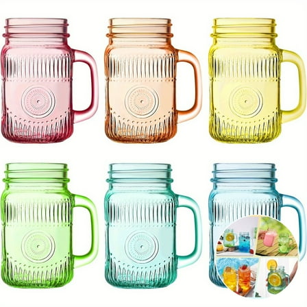 6 pcs 16 OZ Vintage Colored Drinking Jars with Comfortable Handle for Party Beverages