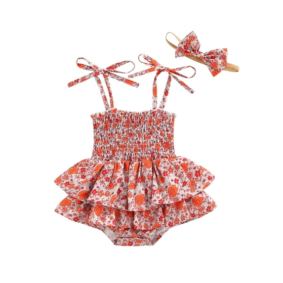 Coduop Baby Girl Romper Spaghetti Strap Sleeveless Floral Romper Dress Headband