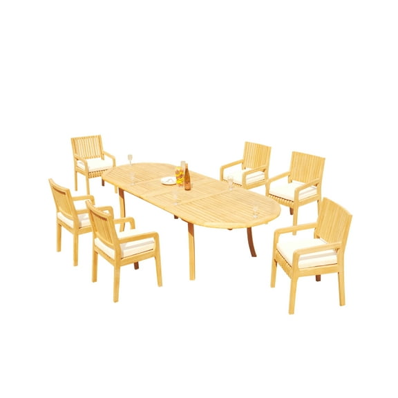 Grade-A Teak Dining Set: 6 Seater 7 Pc: 118" Oval Table And 6 Maldives Arm Chairs Outdoor Patio WholesaleTeak #51ML2607