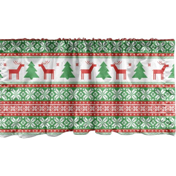 Christmas Window Valance, Knit Style Graphic Reindeer Star and Snowflake Holiday Family Theme, Curtain Valance for Kitchen Bedroom Decor with Rod Pocket, 54" X 18", Green Vermilion