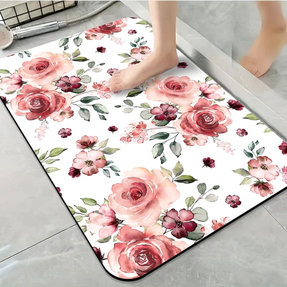 1pc Watercolor Pink Roses Pattern Bathroom Rug Bathroom Decor and Accessories- Durable,Anti Slip,And Quick Drying,Suitable For Indoor/outdoor Use - Perfect For Bathrooms,Bedrooms,Kitchens