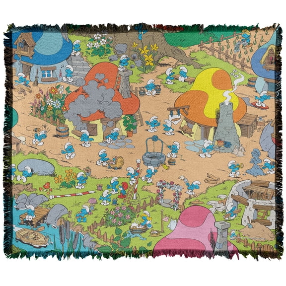 The Smurfs Blanket, 50'x60' Smurf Village Woven Tapestry Cotton Blend Fringed Throw Blanket