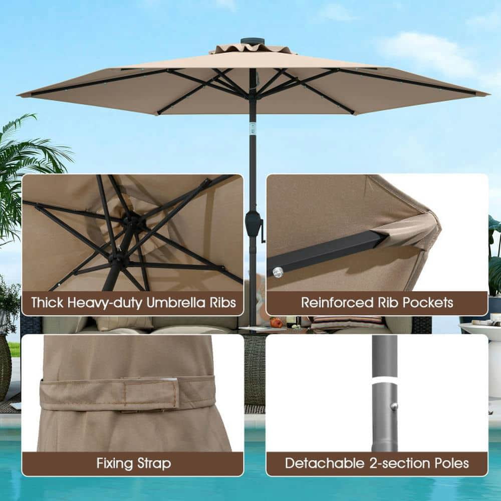 Spaco 7.5 Feet Solar Powered Patio Umbrella, Outdoor Shade with LED Lights and Crank Handle, Brown