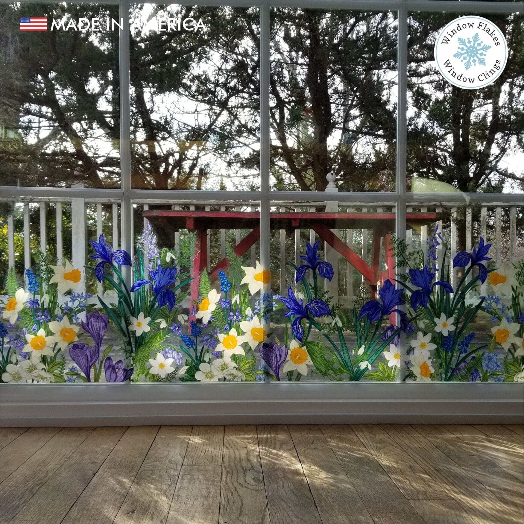Botanical Spring Flower Window Cling Border, Double Sided Decal for Glass, Anti-Collision Bird Strike Prevention, Reusable, 46 x 11 inch, Ma