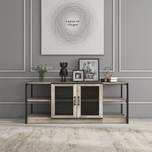 QinaQin Mueble para TV de 63 pulgadas estilo farmhouse para pantallas de 75 pulgadas, con puertas de malla, repisas y almacenamiento, acabado roble rústico