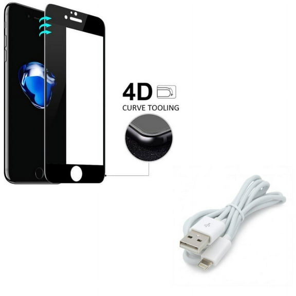 iPhone 7/8 PLUS USB Cable w Screen Protector - Charger Cord Power Wire Sync, Tempered Glass 4D Touch Curved Edge Full Cover for iPhone 8 PLUS/7 Plus
