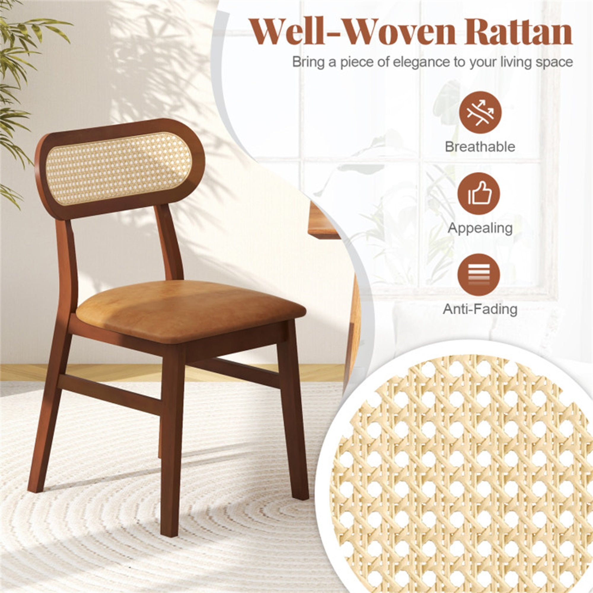 Demi Bonn Set of 2 Indoor Mid Century Wood Dining Chairs with Breathable Mesh Cane Backrest for Dining Room, Brown