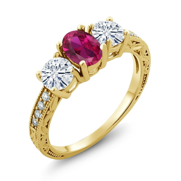 Gem Stone King 18K Yellow Gold Plated Silver 3-Stone Ring Created Ruby Moissanite(1.97 Cttw) (Size 5)