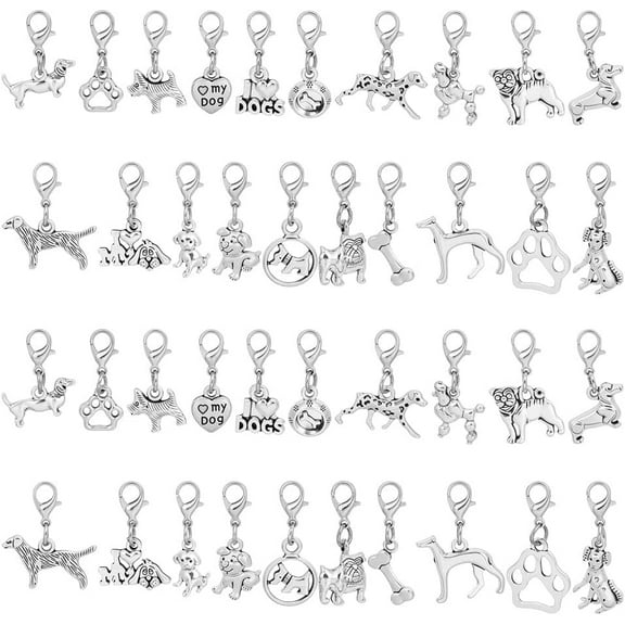 40 Pcs 20 Styles Silver Pet Dog Animals Charms Metal Bulk Animal Pendants Dog Clip on Charm with Alloy Lobster Clasp
