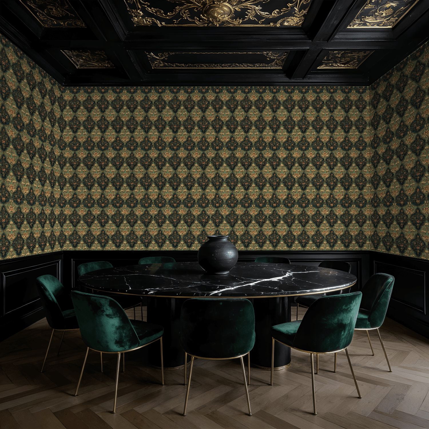Peel and Stick Wallpaper Baroque Vintage Floral Damask Green Gold Ornate Wall Mural 17.7in x 9.8ft Self Adhesive Removable Wall Paper Renter Friendly Wallpaper for Nursery Bedroom Cabinets