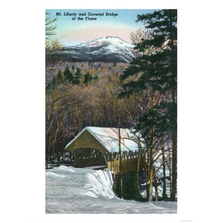 White Mountains, NH - Covered Bridge at Flume in Winter, Mt Liberty in Distance Print Wall Art By Lantern