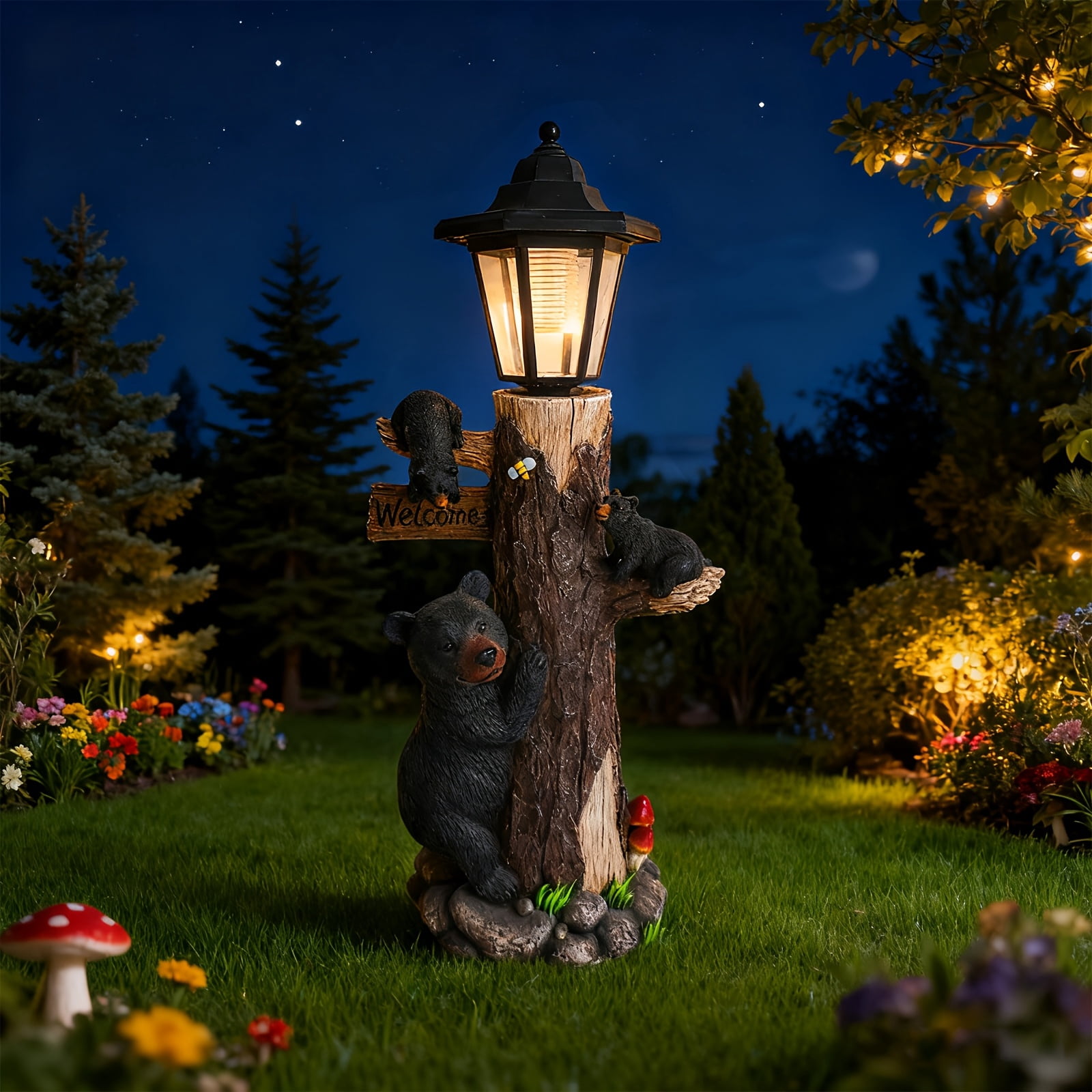 Solar Welcome Bear Garden Light with LED 3 Cubs Climbing Tree Resin Outdoor Yard Decor