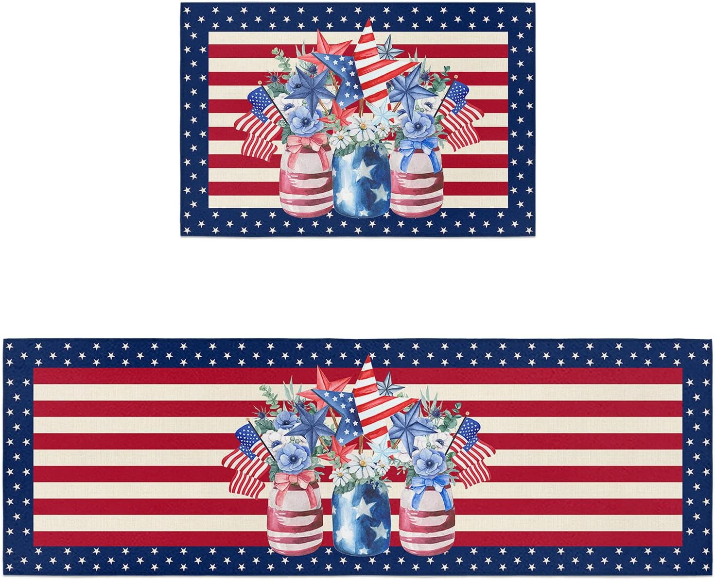 Memorial Day Kitchen Rugs and Mats Set of 2, America Poppy Floral in Bottle Non-Slip Floor Doormat Comfort Area Runner Rug and Mat, Star Striped Indoor Entrance Carpet Home Decor