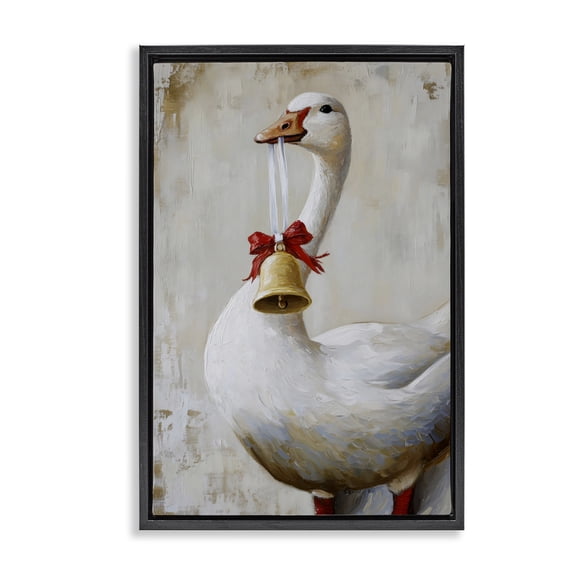 Festive Jingle Goose Black Framed Floater Canvas Wall Art, design by Petal Prints Design