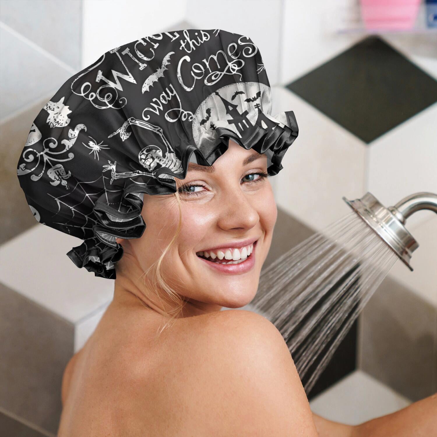 Shower Caps,Black Halloween Letter Bat Pattern Waterproof Shower Cap for Women 4 Pieces,Double Reusable Hair Cover for Shower PEVA Elastic Stretch Hem