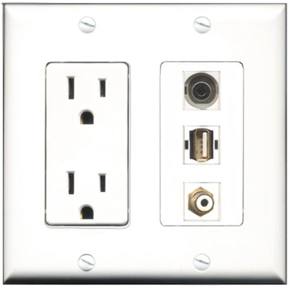 RiteAV - 15 Amp Power Outlet 1 Port RCA White 1 Port USB A-A 1 Port 3.5mm Decorative Wall Plate