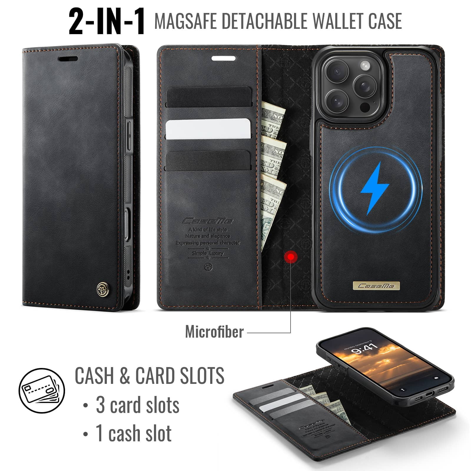 Magnetic 2 in 1 Magsafe Detachable Wallet Case for iPhone 16 Pro Max with Card Holder Women Men, Retro PU Leather【RFID Blocking】Kickstand Shockproof Cover
