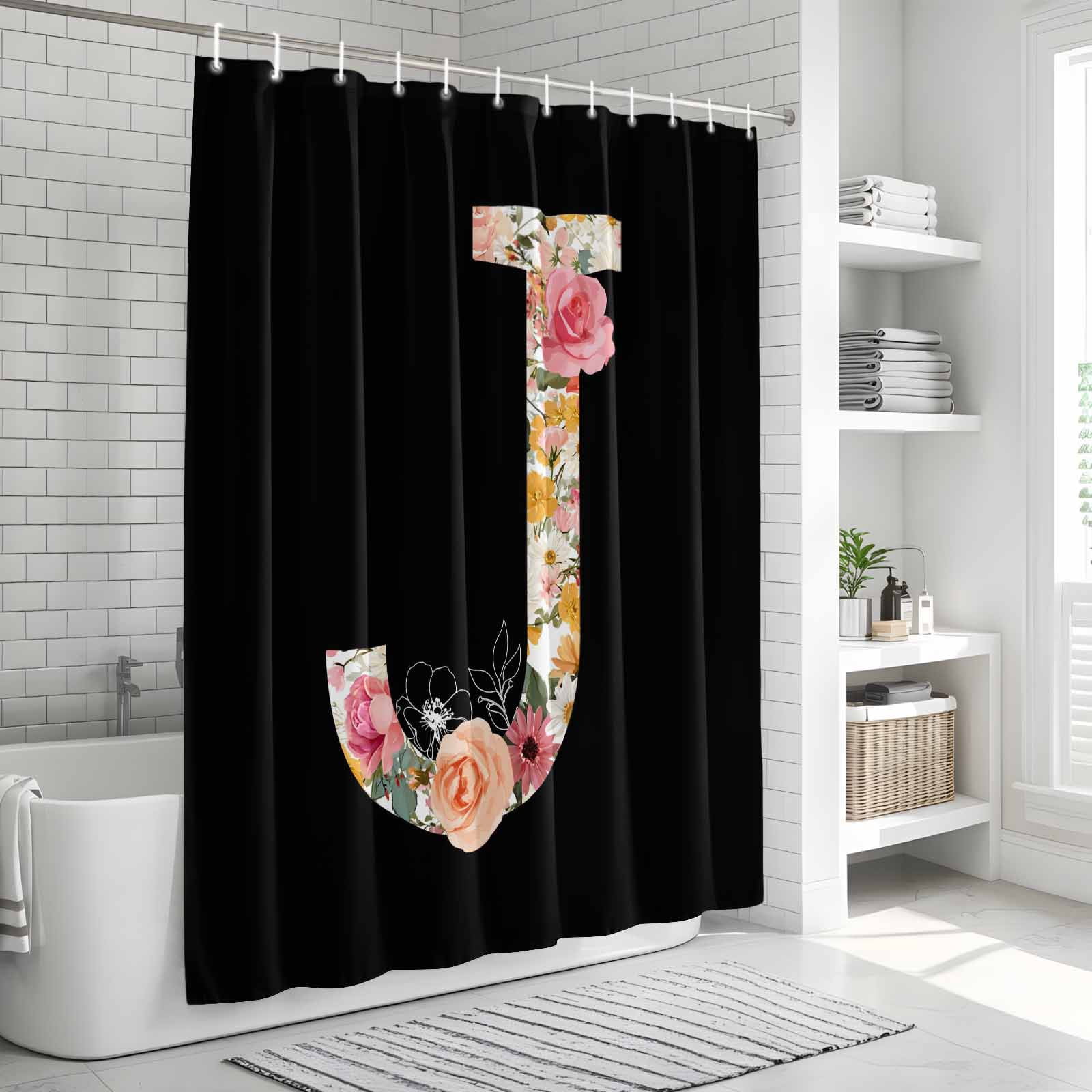 Black Letter J Flower Bathroom Shower Curtains with Hooks, Watercolor Alphabet J Pink Beige Floral Leaf Waterproof Fabric Washable Shower Curtain for Home Hotel Bathtub Decor 72x72 Inch