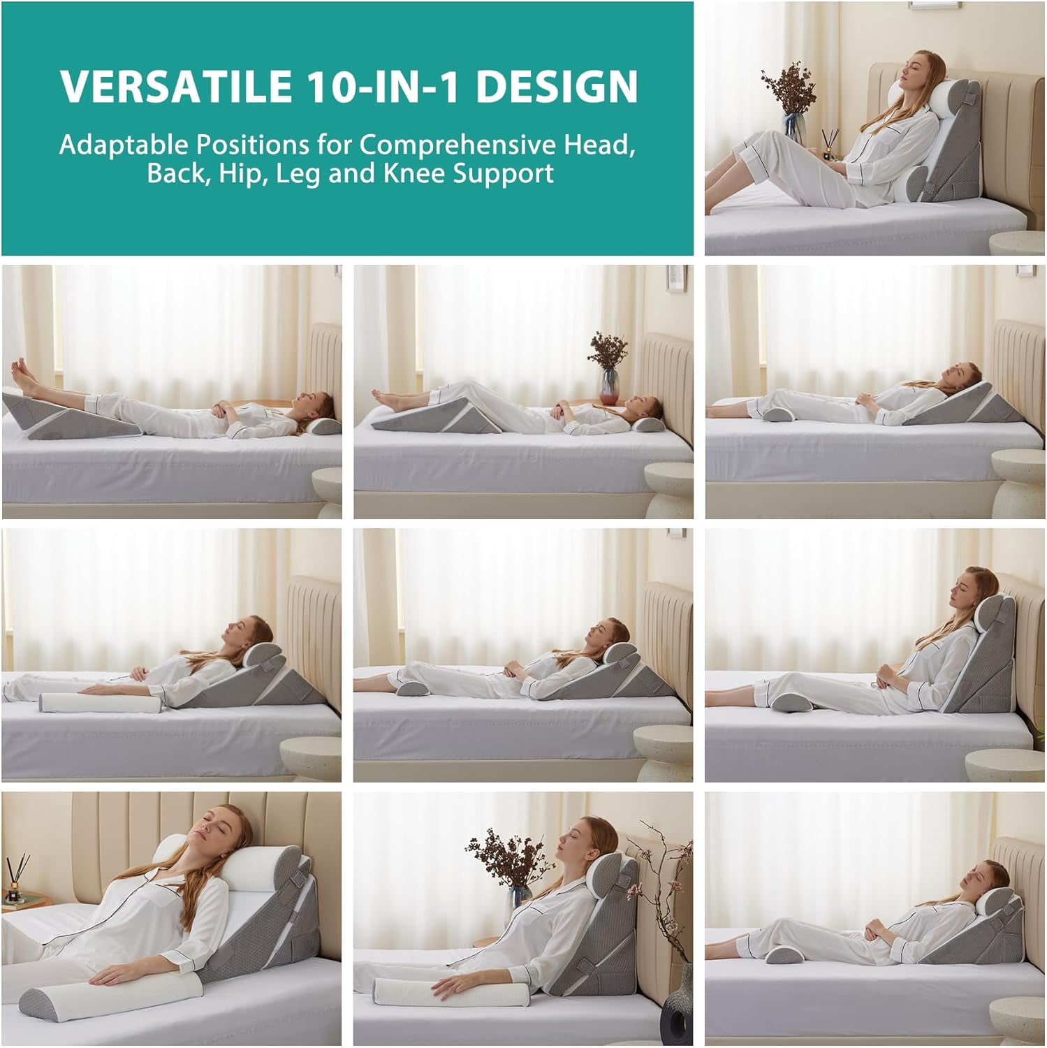 Adjustable 4-Piece Memory Foam Bed Wedge Pillow Set for Back, Neck, Leg Pain Relief, Sleeping, Sitting Up, Acid Reflux and GERD, White and Grey