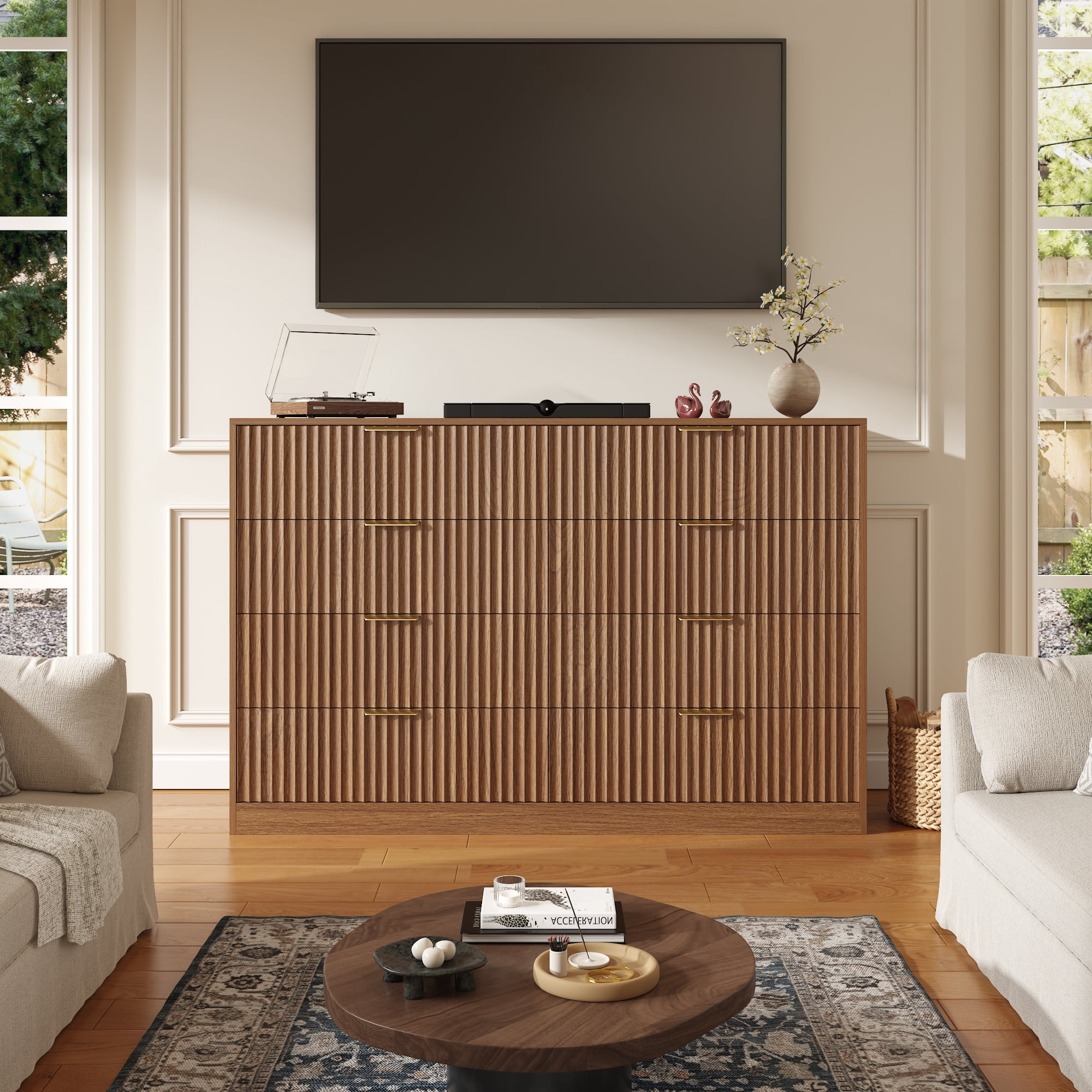 ASTUVIA 55.1" W Fluted 8 Drawer Dresser for Adult,Wooden Bedroom Dresser,Dresser TV Stand up to 65" for Living Room,Oak