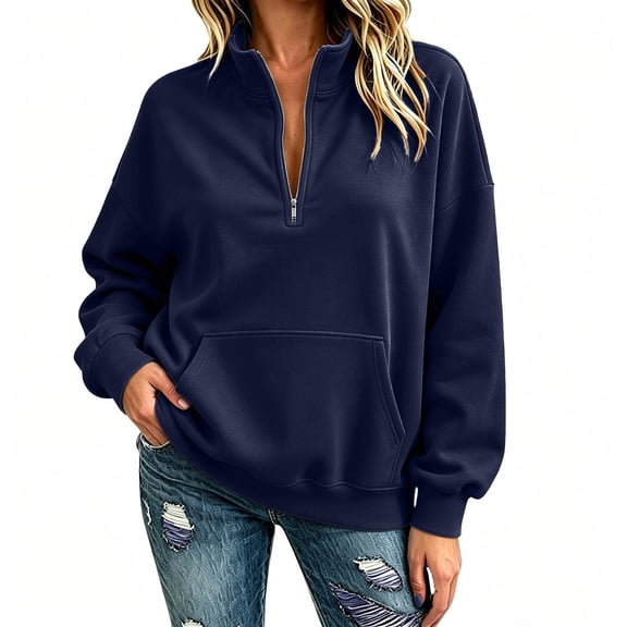 Horkkom Quarter Zip Pullover Women Solid Color Collared Sweatshirts Loose Comfy Sweatshirt with Pockets S