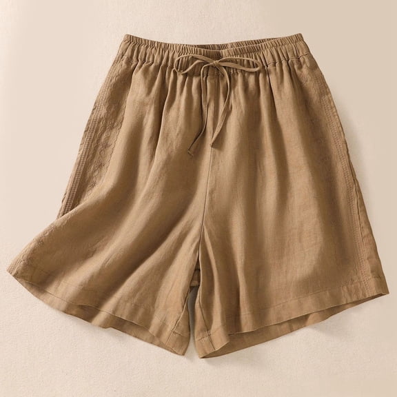 LINGLANG Women's Summer Linen Bohemian Shorts, High Waist Wide Leg Retro Loose Fit Shorts, Elastic Waistband Drawstring 5-Inch Inseam Shorts