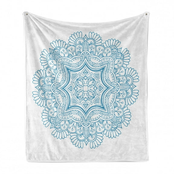 Blue Mandala Soft Flannel Fleece Throw Blanket, Flowers Intertwined Romantic Lace Look Folkloric Monochrome Motif, Cozy Plush for Indoor and Outdoor Use, 60" x 80", Sea Blue and White, by Ambesonne
