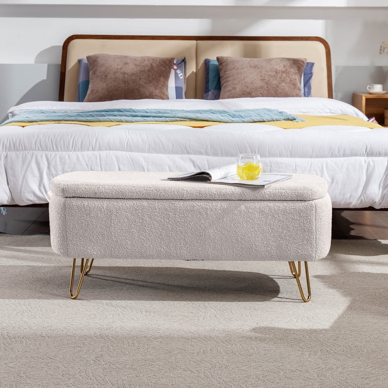 Comfort Stretch 39" Length Storage Ottoman Bench for Living Room,White Faux Fur Bedroom Bench with Entryway Oval Storage Upholstered Fabric Footrest Stool Padded Seat with Gold Legs