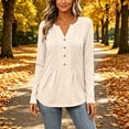 thumbnail image 3 of hoksml Everyday Essential Pleated Front Henley Top Women's, V Neck Long Sleeve 4-Button Tunic Blouse with Curved Hem and Casual Fit, 3 of 7