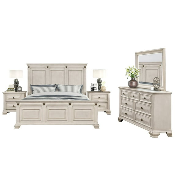 Renova Distressed Parchment Wood Bedroom Set, King Panel Bed, Dresser, Mirror, Two Nightstands