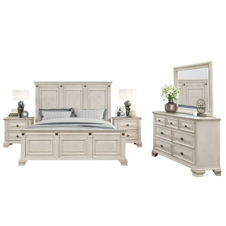 Renova Distressed Parchment Wood Bedroom Set, King Panel Bed, Dresser, Mirror, Two Nightstands