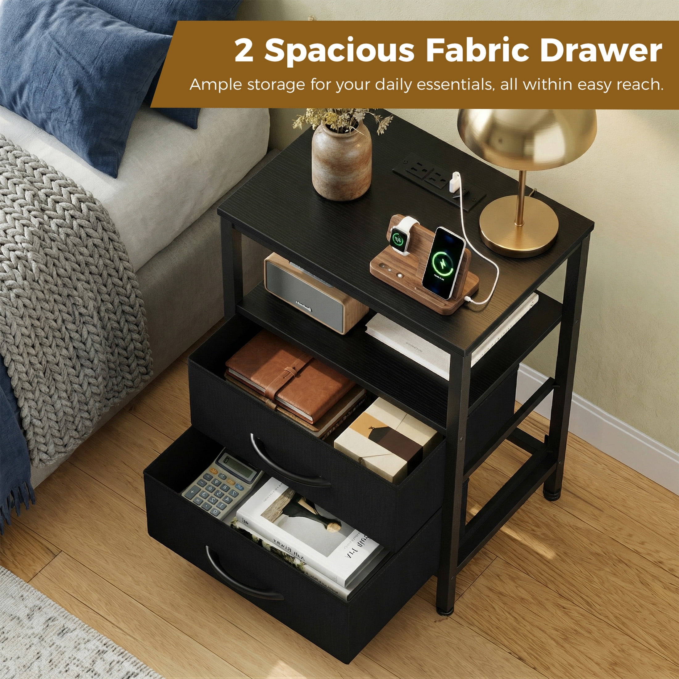 EDX Wall-mounted bedside table, featuring a built-in socket with USB/Type-C interface and adjustable drawers (two drawers). Suitable for bedroom space-saving design. Black
