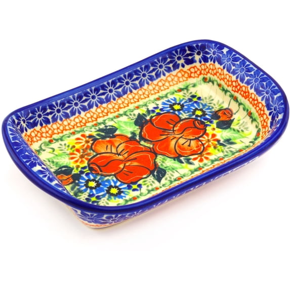 Polish Pottery 7½-inch Platter with Handles (Bold Poppies Theme) Signature UNIKAT Hand Painted in Boleslawiec, Poland + Certificate of Authenticity