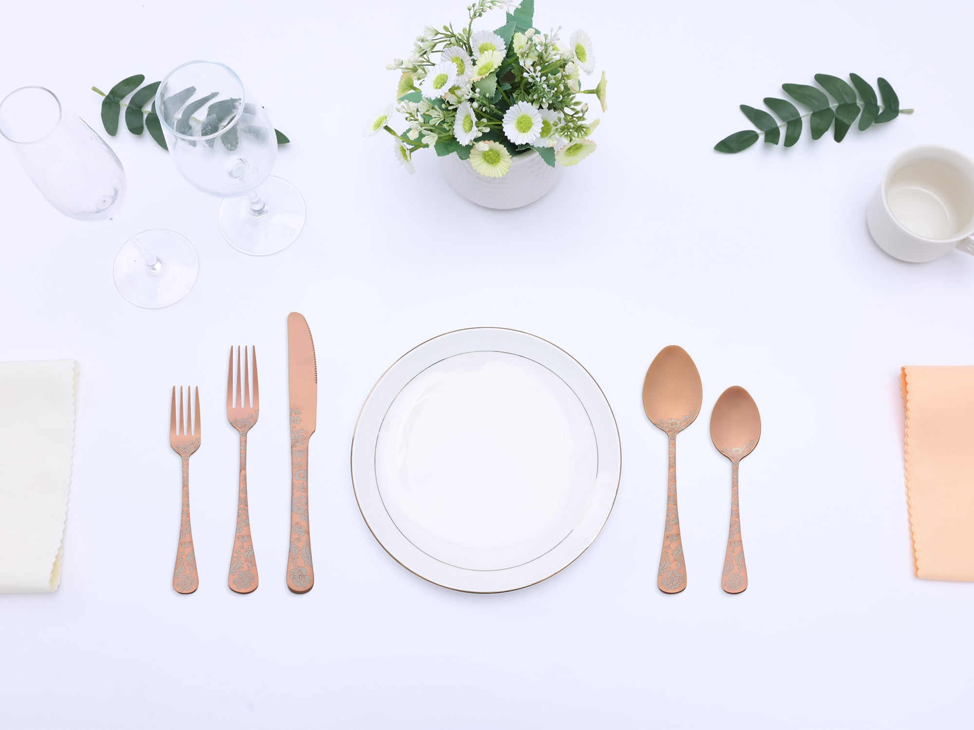 Unique Bargains 30-Pieces Floral Stainless Steel Flatware Set for 6 Rose Gold